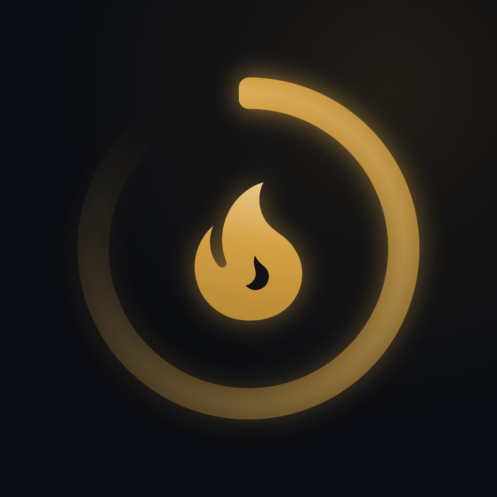 Fastn app icon — an amber progress ring with a flame at its centre, on black