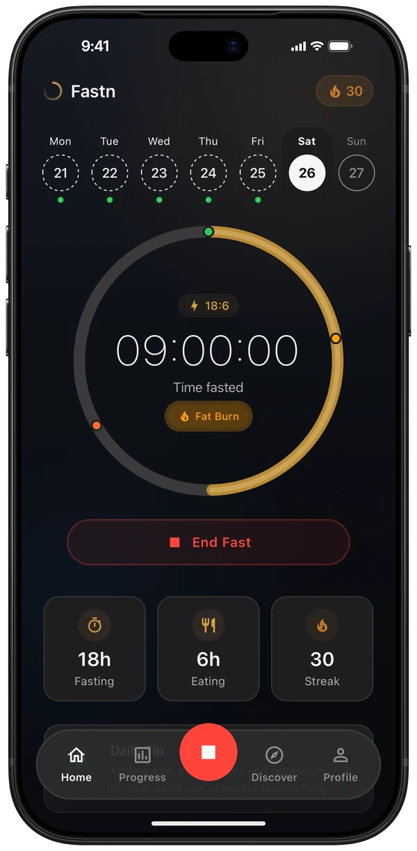 Fastn’s home screen: the fasting timer ring at 9 hours, the week’s streak and today’s fasting, eating and streak stats