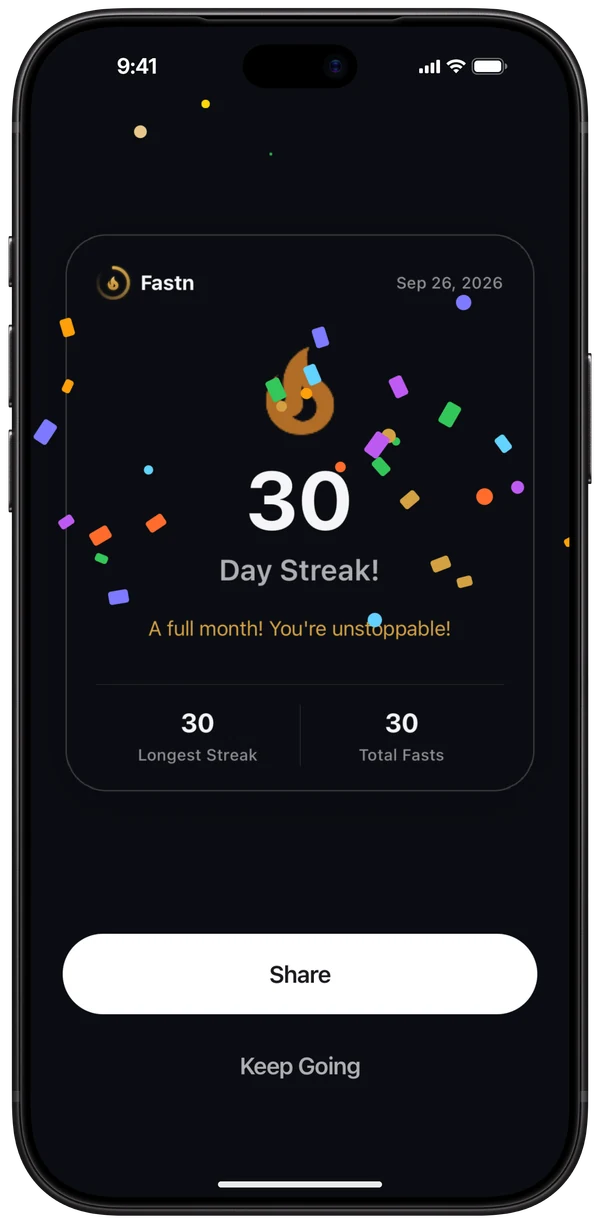 A 30-day streak celebration with confetti