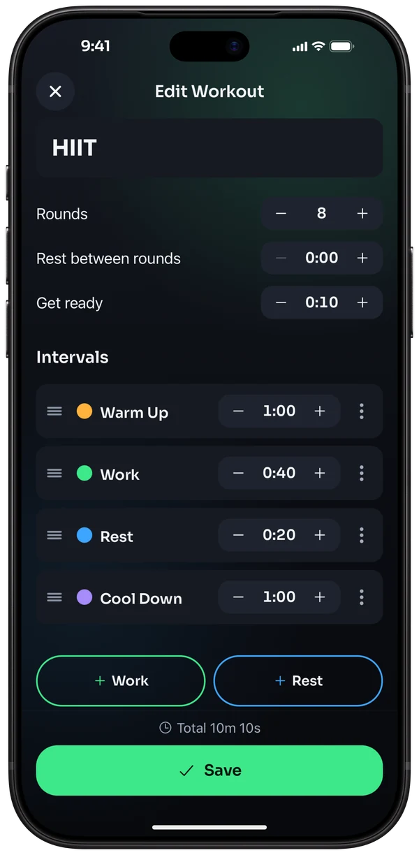 The workout editor: rounds, rest between rounds and get-ready steppers, and warm-up, work, rest and cool-down intervals