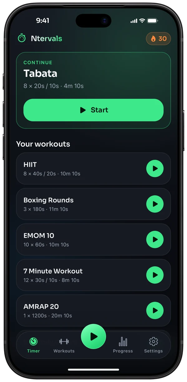 The Timer tab: continue Tabata with one Start button, and saved workouts such as HIIT, Boxing Rounds and EMOM 10, each with a play button
