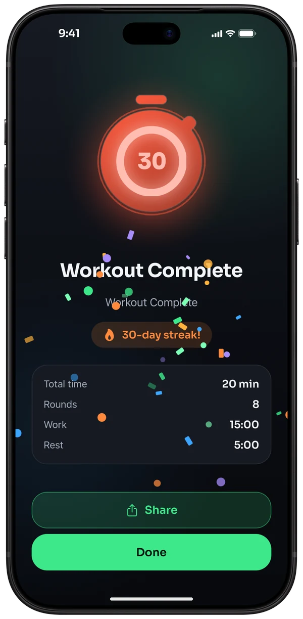 A 30-day streak celebration after a completed workout, with confetti