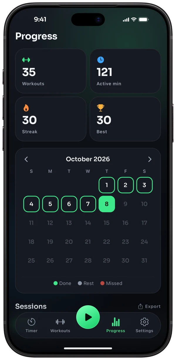 Progress: 35 workouts, 121 active minutes, a 30-day streak, and a month calendar of completed days