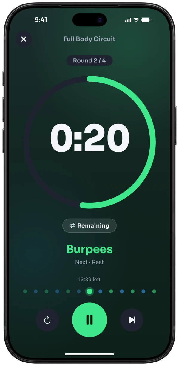 Ntervals running a Full Body Circuit: a 0:20 countdown inside a green work ring, Burpees on now, round 2 of 4